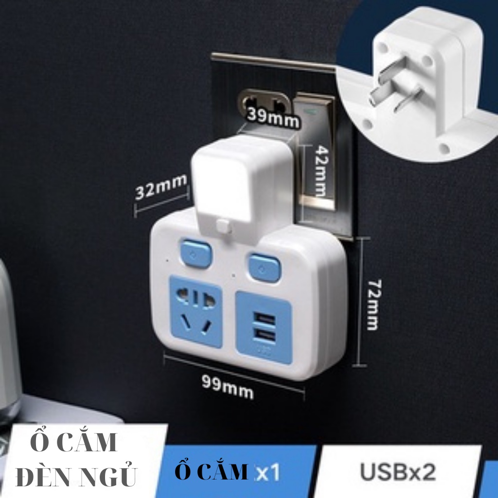 Ổ cắm điện đèn ngủ có cổng USB nhiều lỗ cắm đa năng thông minh tích hợp đèn ngủ, tải 2500W