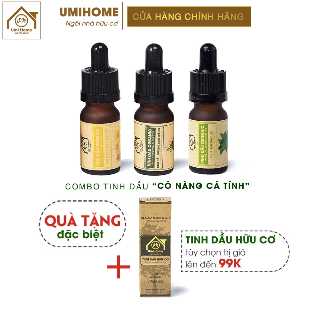 Combo 3 loại Tinh Dầu UMIHOME gồm Ngọc Lan Tây, Hương Nhu Trắng, Bạc Hà (10mlx3) hữu cơ nguyên chất