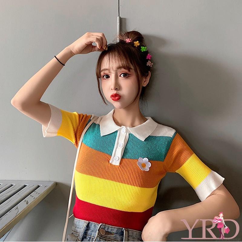 Áo thun polo nữ kẻ sọc cổ bẻ màu sắc ngọt ngào | BigBuy360 - bigbuy360.vn