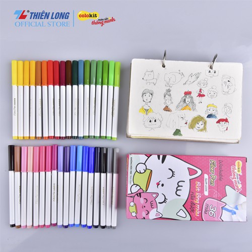 Tặng Kèm Bình Nước  - Bút Lông Màu Thiên Long Fiber Pen Washable SWM-C006 - 36 Màu