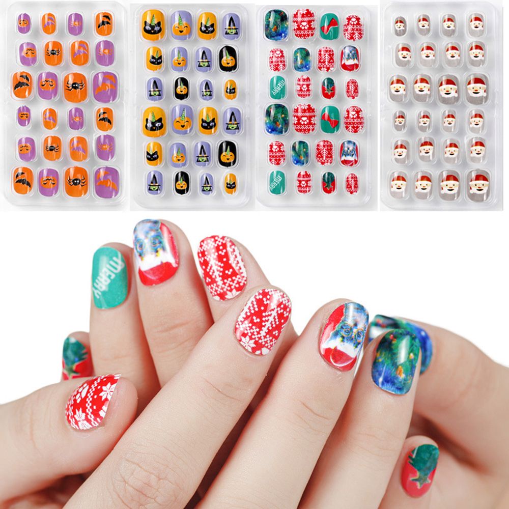 [Hàng mới về] Bộ 24 móng tay giả nhiều hình họa tiết và màu sắc độc đáo cho trẻ em