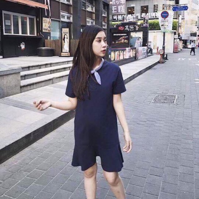 Váy cotton đuôi cá cổ nơ