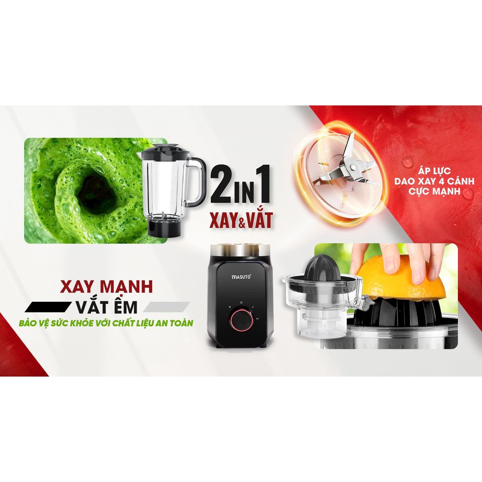Máy xay sinh tố đa năng Masuto 2 cối say vắt cam đồng thời siêu nhanh nhuyễn chỉ 10s