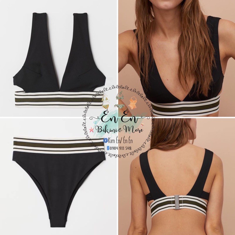 Bikini H M đen viền sọc trắng