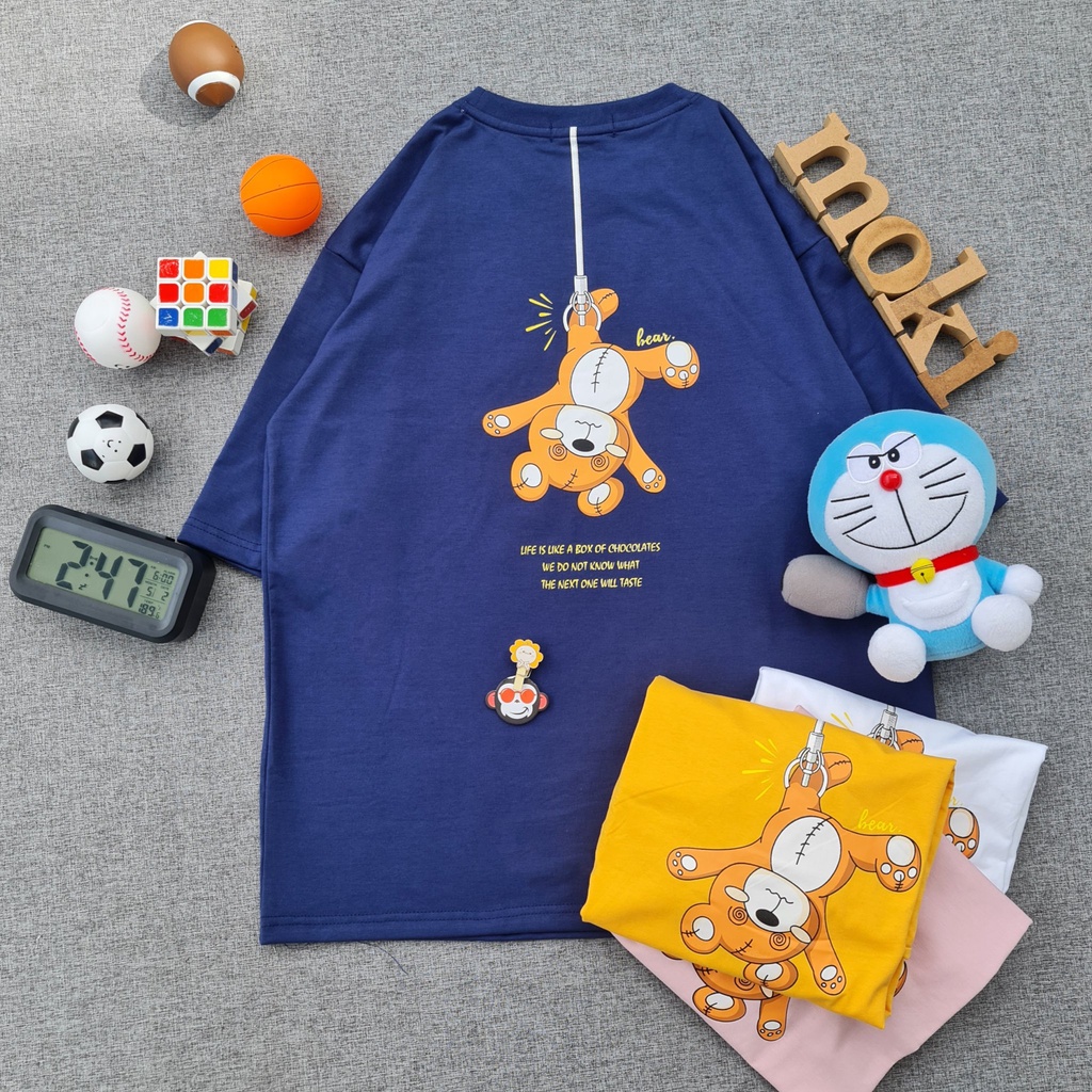 Áo phông áo thun nam nữ tay lỡ from rộng freesize chất cotton thoáng mát in hình gấu bị treo chân dễ thương MOKISHOP