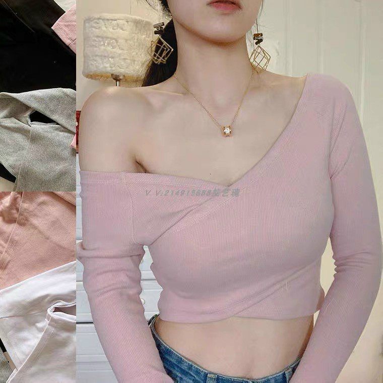 Áo trễ vai - áo croptop tay dài đắp chéo chất thun gân tăm dày mịn A019