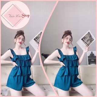 💥 Sét đồ ngủ mặc nhà 2 dây cánh tiên cao cấp lụa satin  áo xếp bèo tầng quần đùi