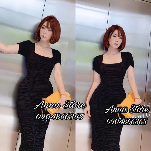 Váy nữ đầm body cổ U 6 chun rúm cộc tay (đen, be) váy body đầm nữ sang chảnh Annastore