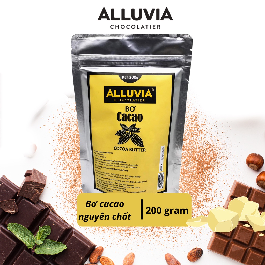 Bơ ca cao nguyên chất tự nhiên 100% từ hạt cacao Alluvia gói lớn 200 gram nguyên liệu làm bánh và chocolate