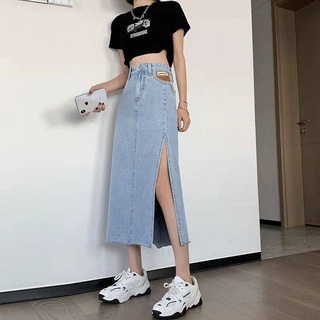 Đầm Jeans Chữ A Xẻ Tà Cạp Cao Phong Cách Ullzang Cao Cấp,Chân Váy Midi Cạp Cao Giữa Eo Xẻ Tà Chất Bò