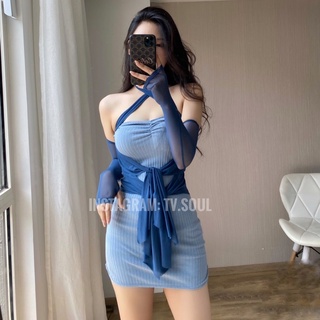 [CÓ SẴN, ẢNH THẬT] 𝐓𝐕 𝐒𝐎𝐔𝐋 Đầm body xanh phối voan kèm tay rời