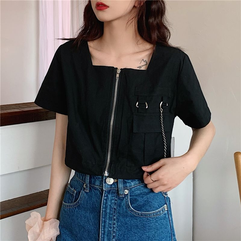 Áo Thun Ngắn Tay Cổ Vuông Phối Khóa Kéo Thời Trang Hè 2020 Cho Nữ