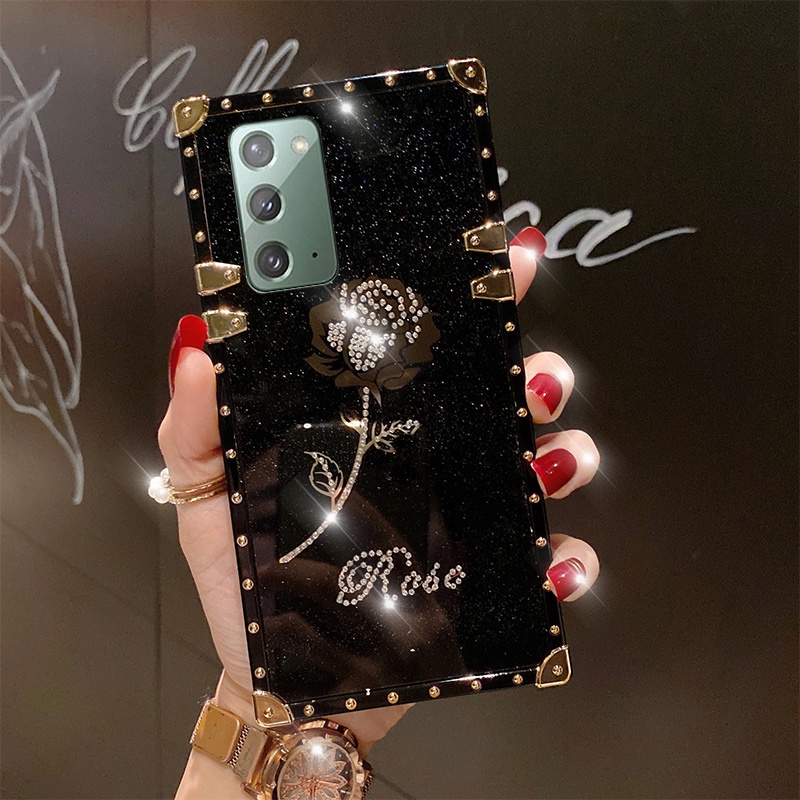 Ốp Điện Thoại Vuông Chống Sốc Họa Tiết Hoa Hồng Đính Kim Cương Cho Samsung Note 20 Ultra 20+ Note 10 10+ Note 9 Note 8