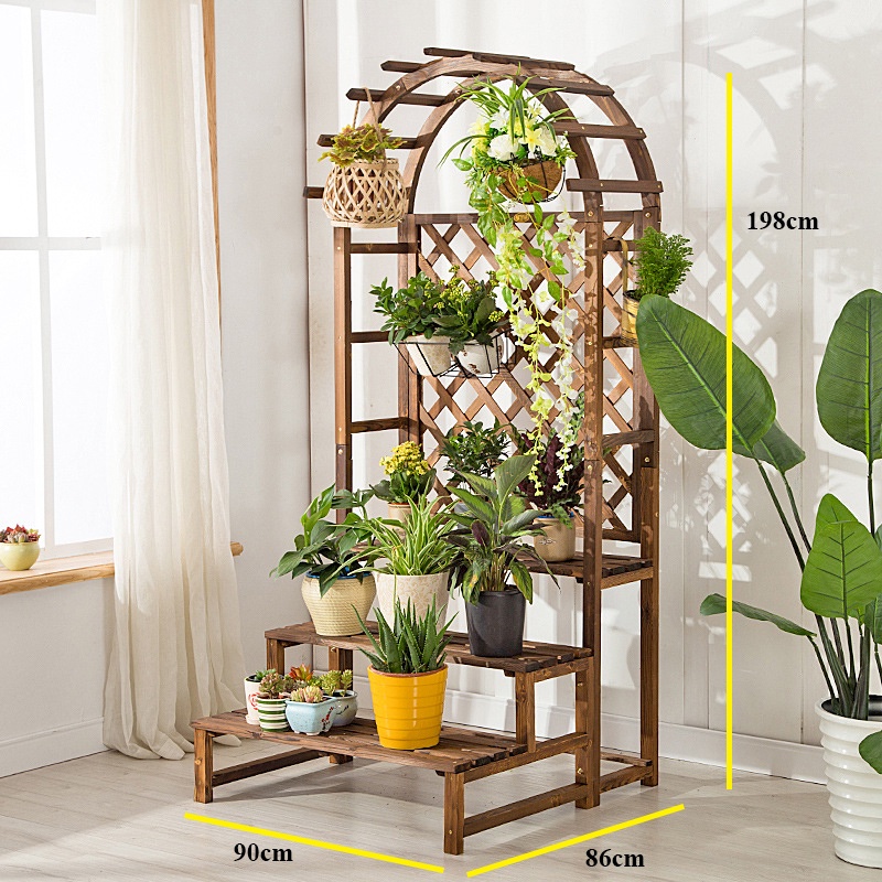 Kệ cây cảnh decor - Kệ gỗ mái vòm để chậu hoa cây cảnh trang trí nhà cửa bằng gỗ thông màu sắc tự nhiên, kệ trưng hoa