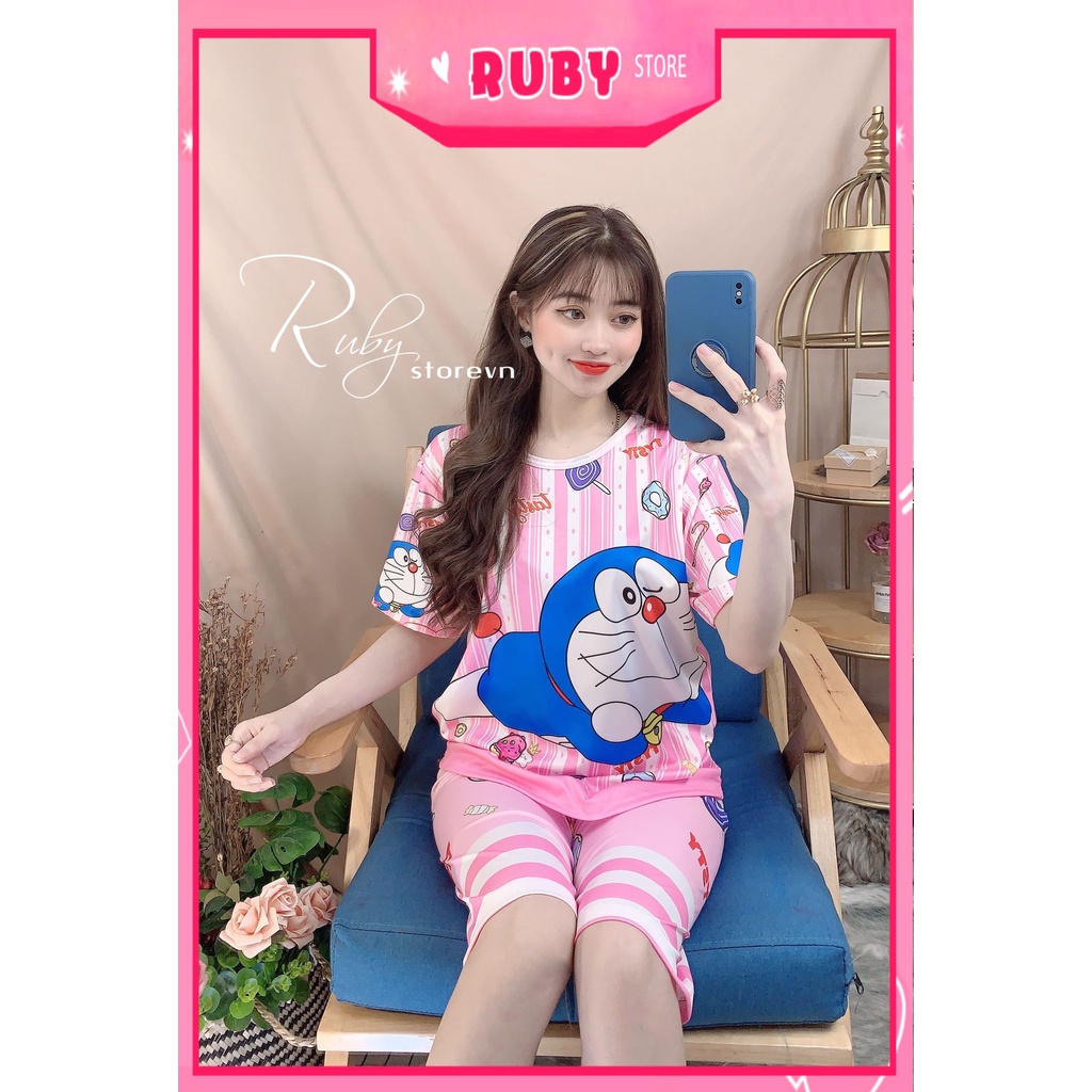 Đồ bộ thun QUẦN LỬNG cho bé mặc nhà size đến 70kg vải mềm mát in hình Doremon kitty Hoạt hình dễ thương DBRBL FULL SIZE