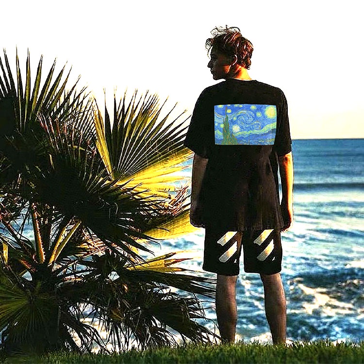 FEAR OFGOD Double Line ESSENTIALS High Street FOG Van Gogh Starry Print Tide Brand Short Sleeve Loose T-Shirt