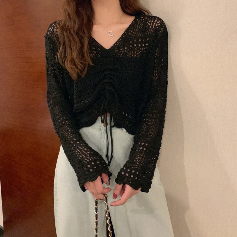 [ÁO KIỂU NỮ] Áo Len Nữ Rút Ngực, Croptop Nữ Chất Len Lưới Mix Áo Dây, Quần Siêu Xinh | BigBuy360 - bigbuy360.vn