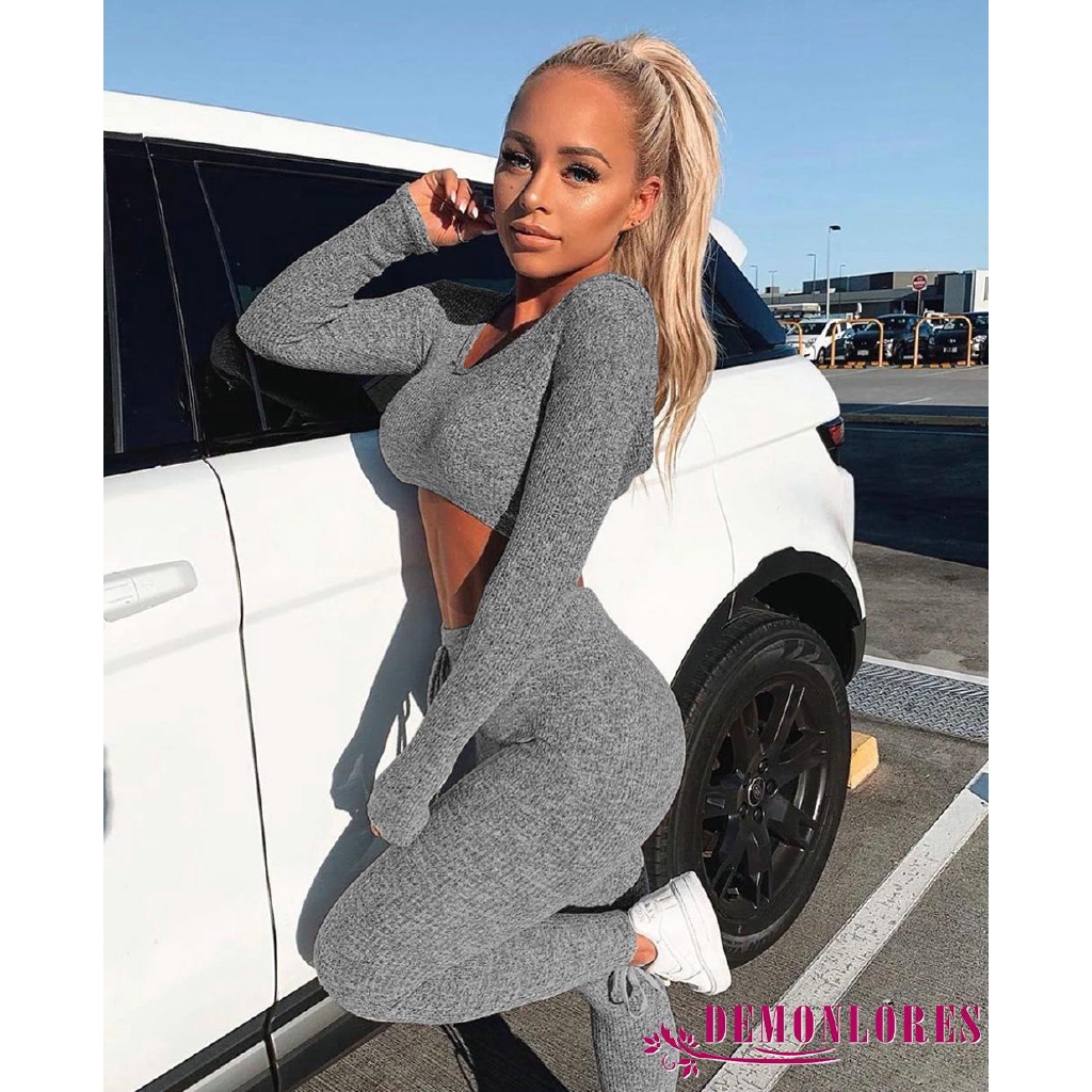 Set 2 món đồ gồm áo croptop tay dài màu trơn + quần cho nữ