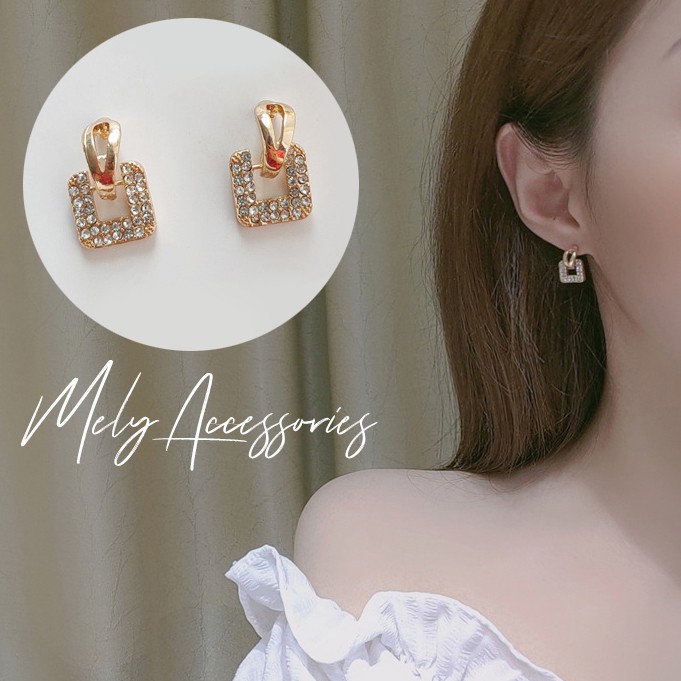 Bông tai hình vuông nhỏ đính đá xinh xắn mạ vàng kiểu dáng nhẹ nhàng nữ tính - Mely 1464