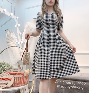 Đầm chiết eo đai lưng caro