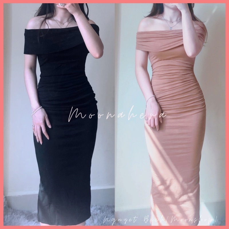 Sẵn váy thun body trễ vai tay ngắn tôn dáng. Đầm ôm sát đi tiệc (hình thật)