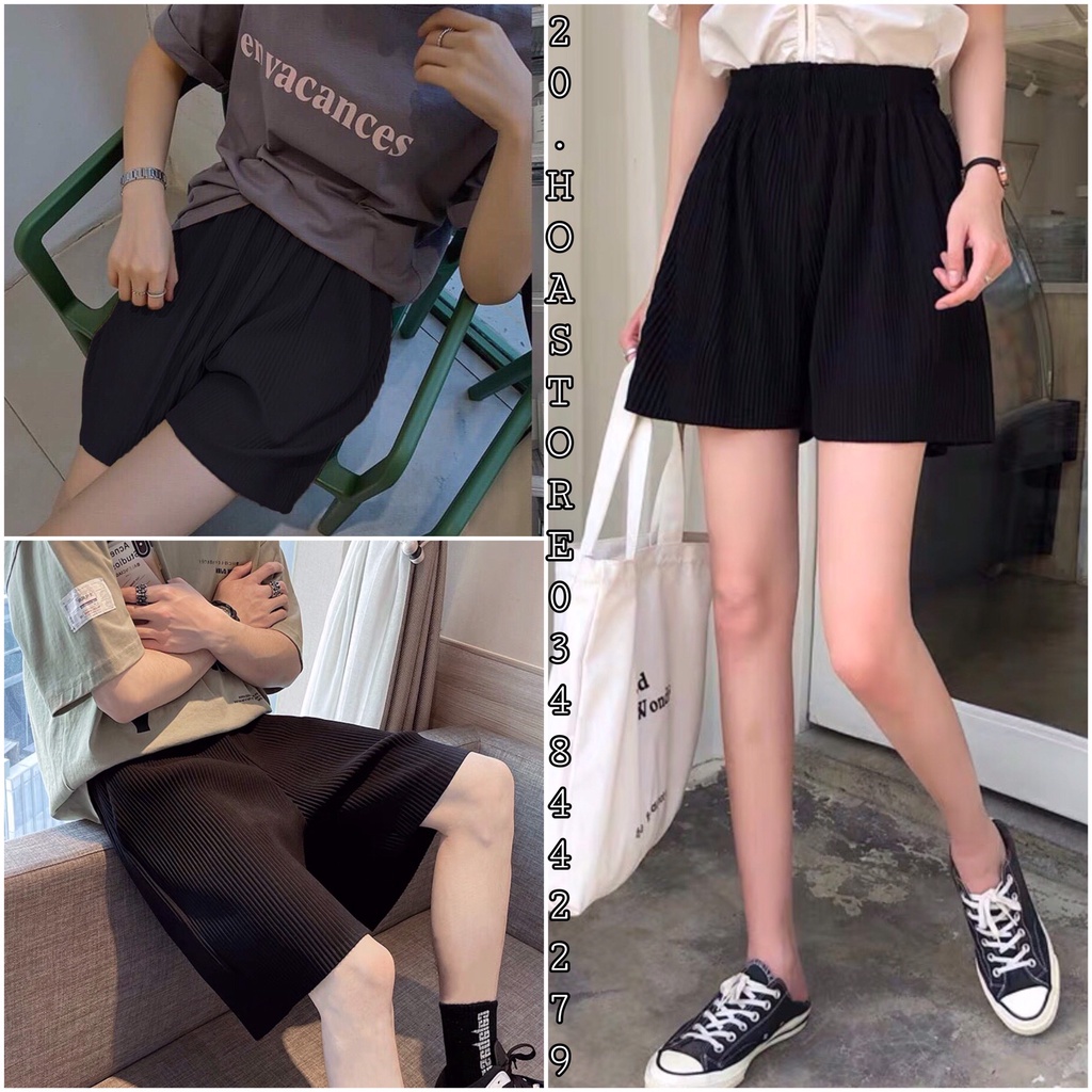 Quần Short Ngố Tăm Dập Ly - Quần Ngắn Ống Rộng Lưng Cao Phong Cách Hàn Quốc - Quần Đùi Nữ Lưng Thun Xếp Li Màu Đen