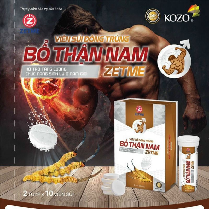 BỔ THẬN NAM ZETME - Viên sủi Đông Trùng hỗ trợ tăng cường chức năng sinh lý nam (hộp 2 lọ, mỗi lọ 10viên - Kozo)
