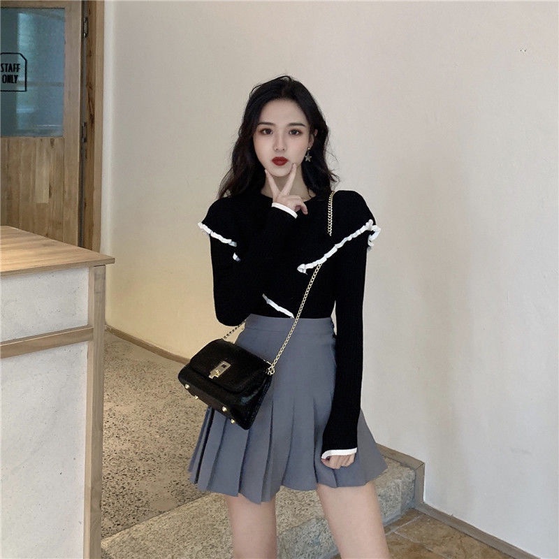 Áo crop top dệt kim tay dài cổ tròn màu trơn phong cách Hàn Quốc thời trang