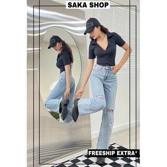 Áo croptop nữ cổ sơ mi dây kéo khoá phía trước