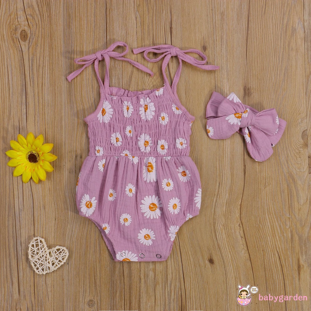 Bộ Áo Liền Quần Hai Dây Cổ Thuyền In Hoa Cúc + Băng Đô Cài Tóc Cho Bé Gái