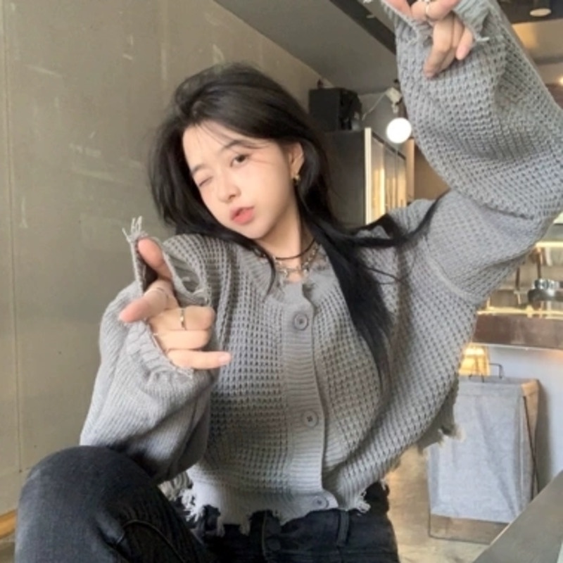 Áo Sweater Tay Dài Viền Tua Rua Phong Cách Retro 206824 Áo Khoác Dệt Kim Dáng Ngắn Màu Trơn Phong Cách Hàn Quốc