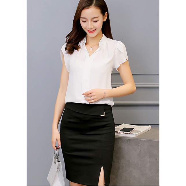 Áo sơ mi công sở cổ lọ tay ngắn, kiểu dáng trẻ trung chất vải lụa nhẹ nhàng giá rẻ