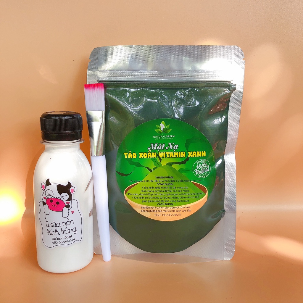 (MUA 1 TẶNG 2) Ủ Tảo Xoắn Tươi TẶNG Ủ Sữa Non Kích Trắng TẶNG cọ đắp mặt nạ,cấy tảo, Mặt nạ tảo xoắn vitamin xanh (3sp)