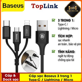 Cáp SẠC Baseus 3 TRONG 1 Type-C Lightning Micro CHO Iphone Xs Max X 8 7 Samsung Oneplus Android Cáp Sạc Điện Thoại