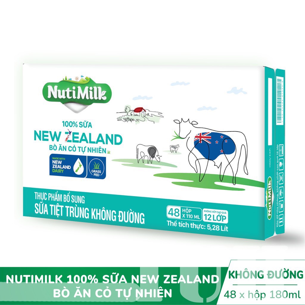 Thùng 48 hộp Sữa không đường New Zealand Nuti Bò ăn cỏ tự nhiên Không đường