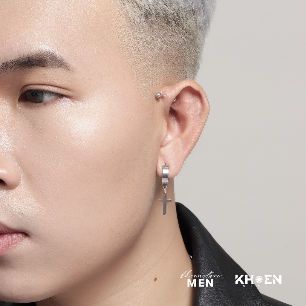Khuyên tai nam thánh giá tròn dày 8mm thép không rỉ - Khoen Store
