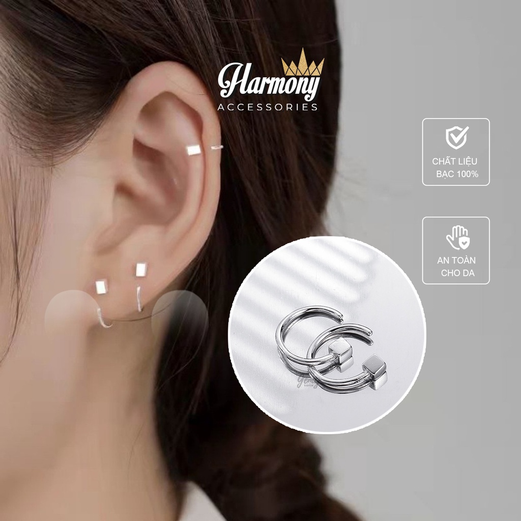 Bông tai bạc unisex lập phương móc cong Harmony, khuyên tai nam nữ KN61 (1 chiếc)