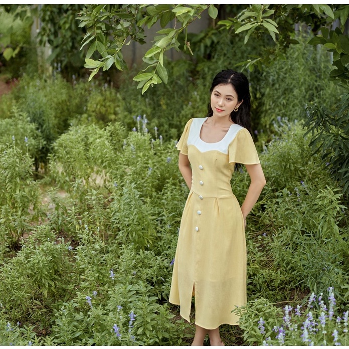 Váy thiết kế cổ vuông tay bồng viền trắng chất xốp YV16 YAME