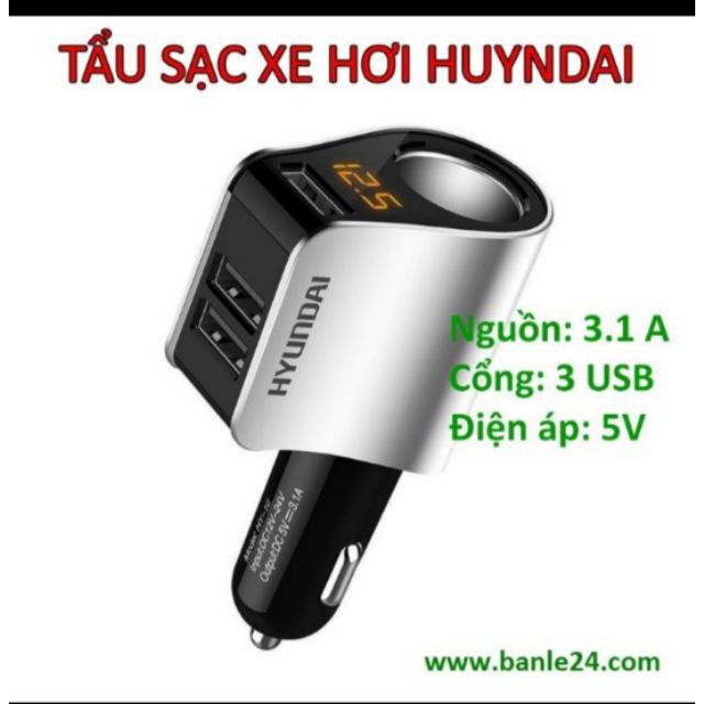 Tẩu sạc huyndai 1 tẩu tròn và 3 USB Sạc nhanh Qc 3.0 có đèn led báo điện ac quy