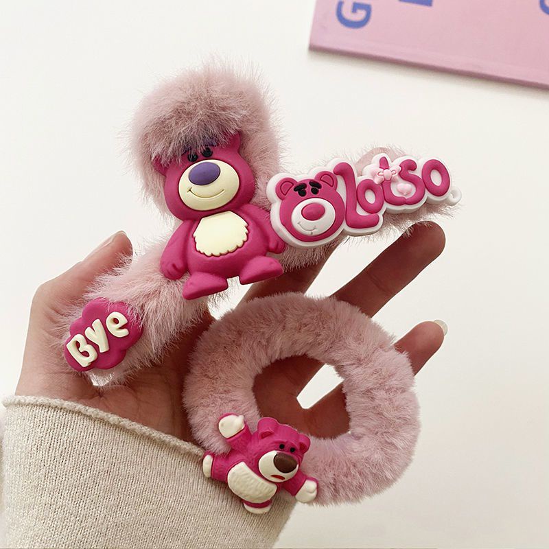 Kẹp tóc phủ lông sang trọng hình Gấu dâu tây phong cách Hàn Quốc