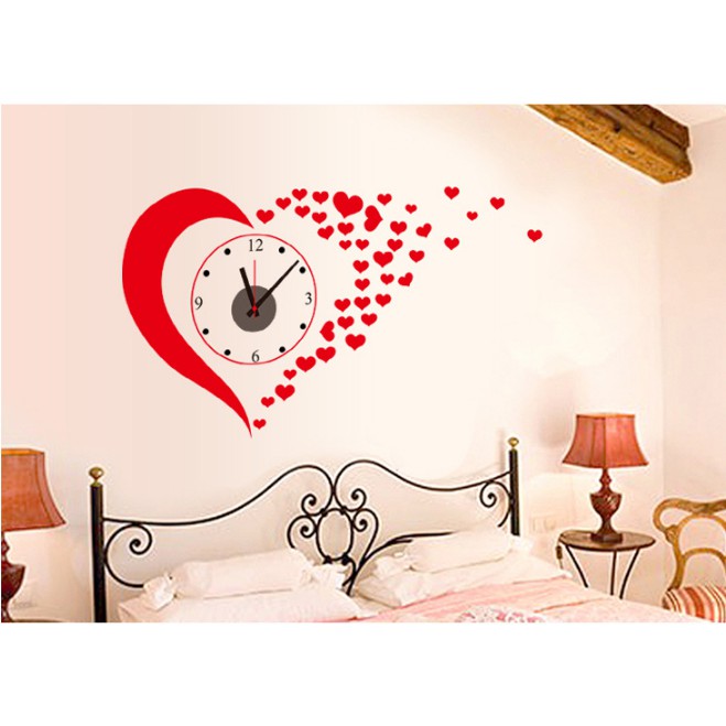 Decal trang trí Đồng Hồ dán tường - Mẫu Trái Tim đỏ ( Cao cấp )