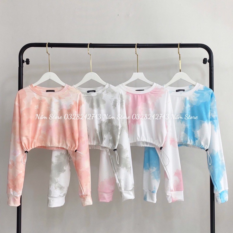 (Video + Ảnh thật) Áo croptop loang màu tay dài rút eo dáng rộng unisex đủ màu - Croptop Tie Dye dây rút 2 bên hông