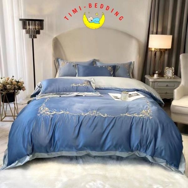 Bộ chăn ga gối lụa 4 món thêu hoàng gia cao cấp, nhập khẩu, sang trọng – Set ga gối lụa – Timibedding