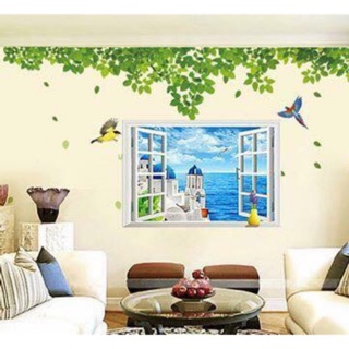 Decal tranh dán 2 bức kết hợp lá xanh và cửa sổ