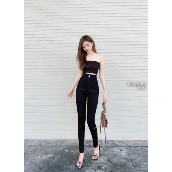 Quần jean đen dài ôm lưng cao đắp hai túi trước! 1312