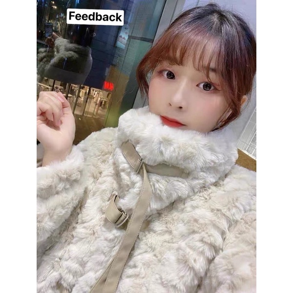 Áo khoác lông cổ cao phom dài qua mông thắt nơ tiểu thư