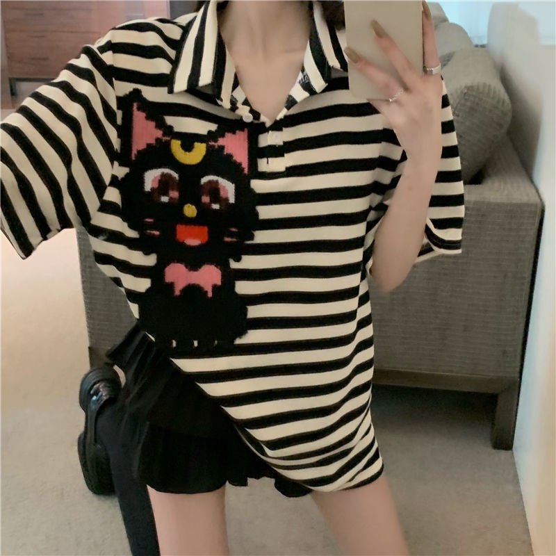 COZOK Áo polo Tay Ngắn Dáng Rộng Họa Tiết Sọc Vạch Cá Tính