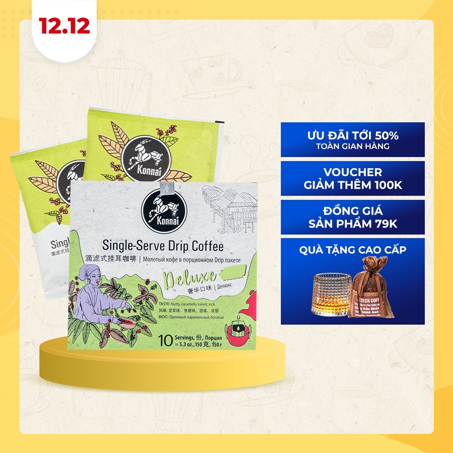 Cà phê phin giấy nguyên chất Deluxe Coffee pha chế tiện lợi 80% Arabica 20% Robusta Konnai Coffee phù hợp đi làm, đi học | BigBuy360 - bigbuy360.vn