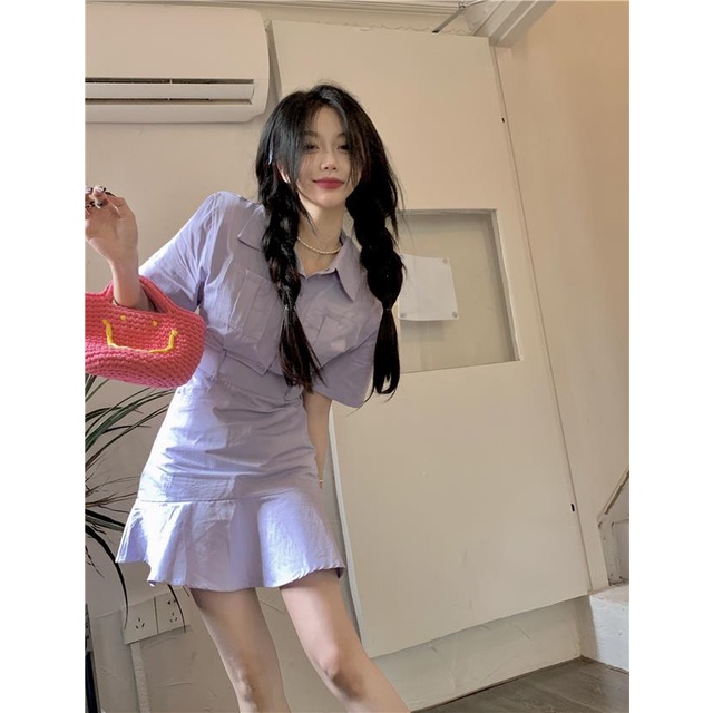 Đầm Ngắn Đuôi Cá Ôm Eo Màu Tím Phong Cách Mùa Hè Ngọt Ngào Cho Nữ