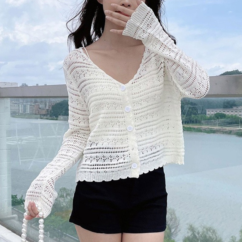 Áo Croptop Mỏng Tay Dài Cổ Chữ V Cài Nút Xuống Chống Nắng Thời Trang Cho Nữ